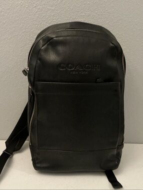 Coach Black Leather Sling Backpack with Front Pocket